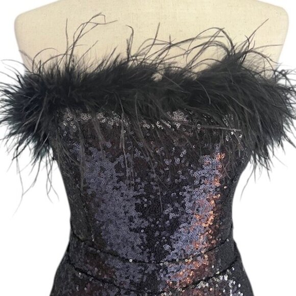 INA Women Feather Embellished Strapless Embroidered Sequin Black Jumpsuit M NWT - Picture 2 of 14
